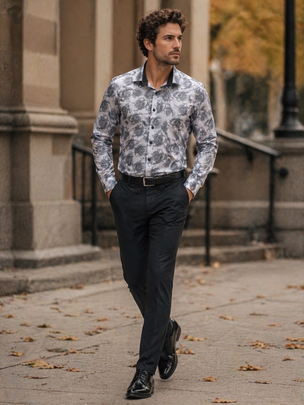 Men's Grey Floral Long-Sleeve Dress Shirt